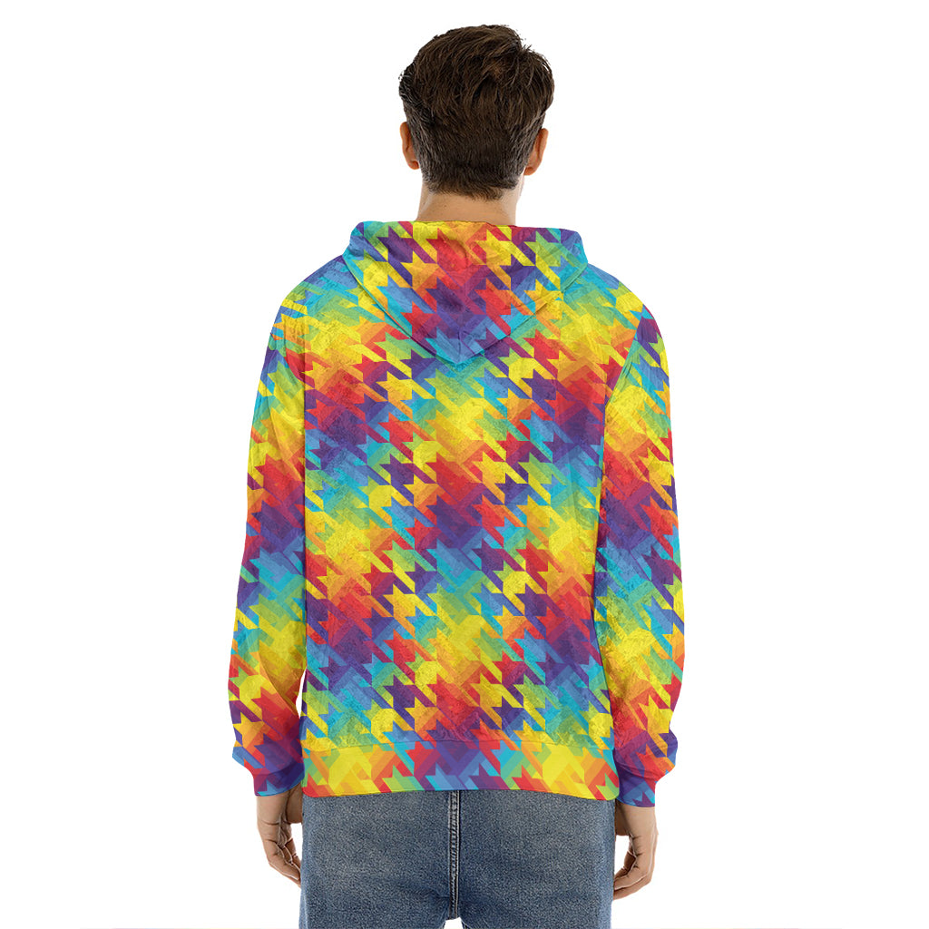 Rainbow Houndstooth Pattern Print Men's Velvet Pullover Hoodie