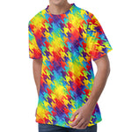 Rainbow Houndstooth Pattern Print Men's Velvet T-Shirt