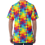 Rainbow Houndstooth Pattern Print Men's Velvet T-Shirt