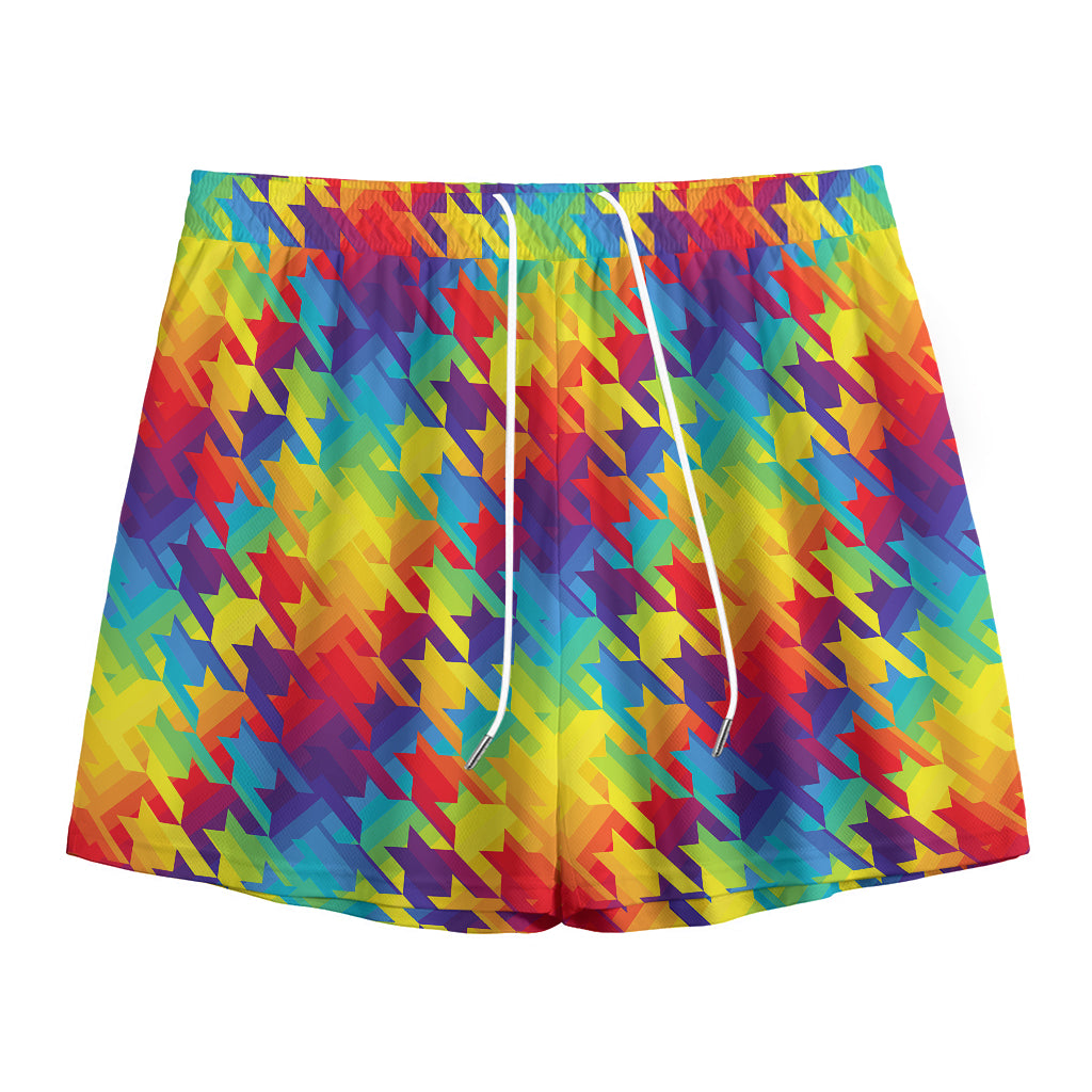 Rainbow Houndstooth Pattern Print Mesh Shorts