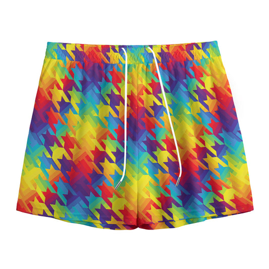 Rainbow Houndstooth Pattern Print Mesh Shorts
