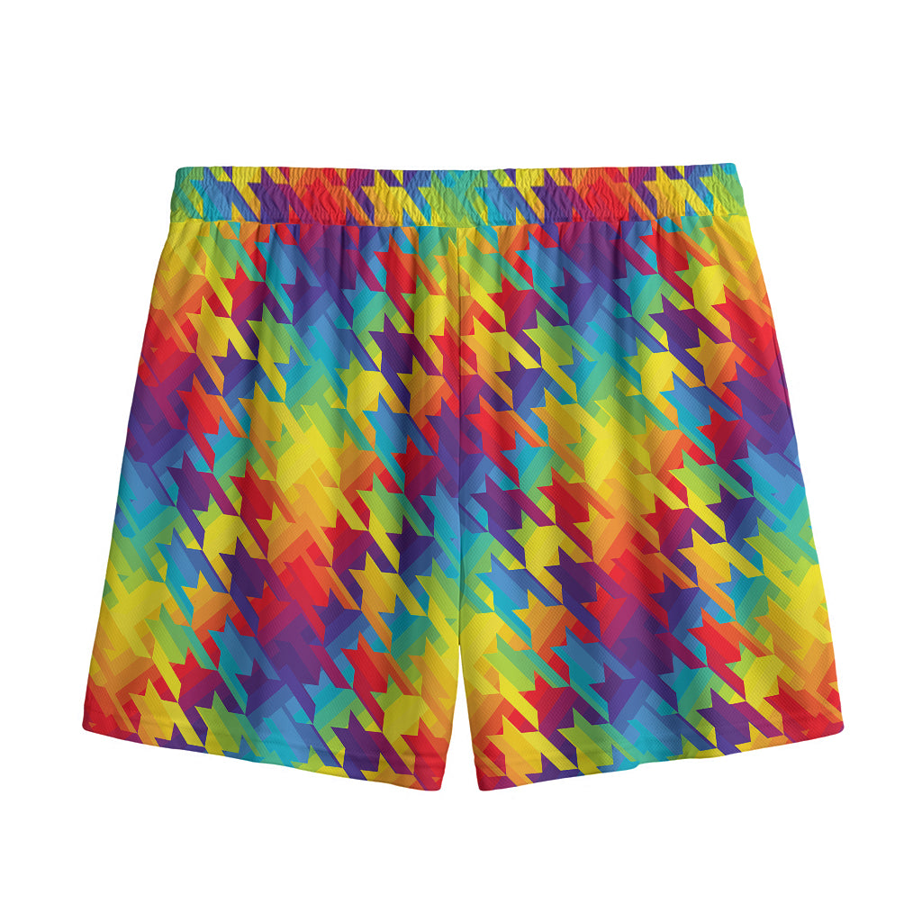 Rainbow Houndstooth Pattern Print Mesh Shorts