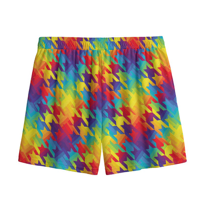 Rainbow Houndstooth Pattern Print Mesh Shorts