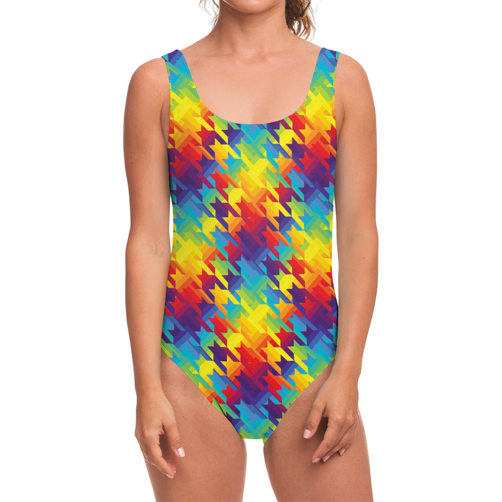 Rainbow Houndstooth Pattern Print One Piece Swimsuit