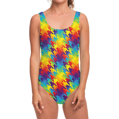 Rainbow Houndstooth Pattern Print One Piece Swimsuit
