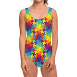 Rainbow Houndstooth Pattern Print One Piece Swimsuit