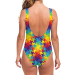 Rainbow Houndstooth Pattern Print One Piece Swimsuit