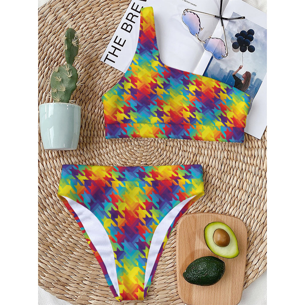 Rainbow Houndstooth Pattern Print One Shoulder Bikini Top