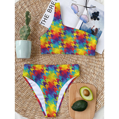 Rainbow Houndstooth Pattern Print One Shoulder Bikini Top