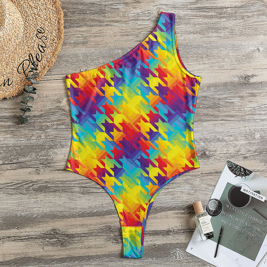 Rainbow Houndstooth Pattern Print One Shoulder Bodysuit