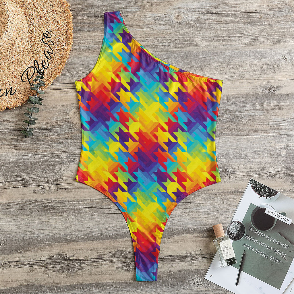 Rainbow Houndstooth Pattern Print One Shoulder Bodysuit