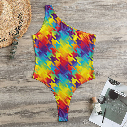 Rainbow Houndstooth Pattern Print One Shoulder Bodysuit