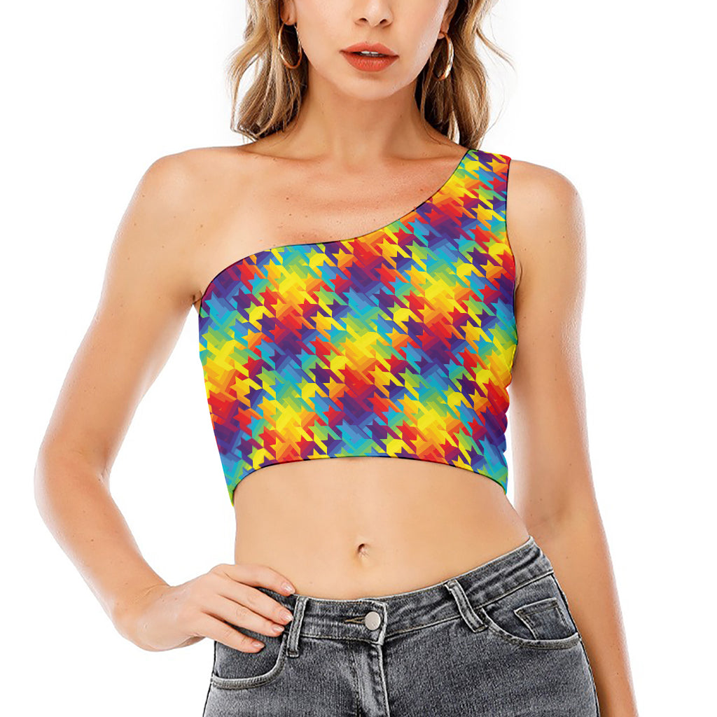 Rainbow Houndstooth Pattern Print One Shoulder Crop Top