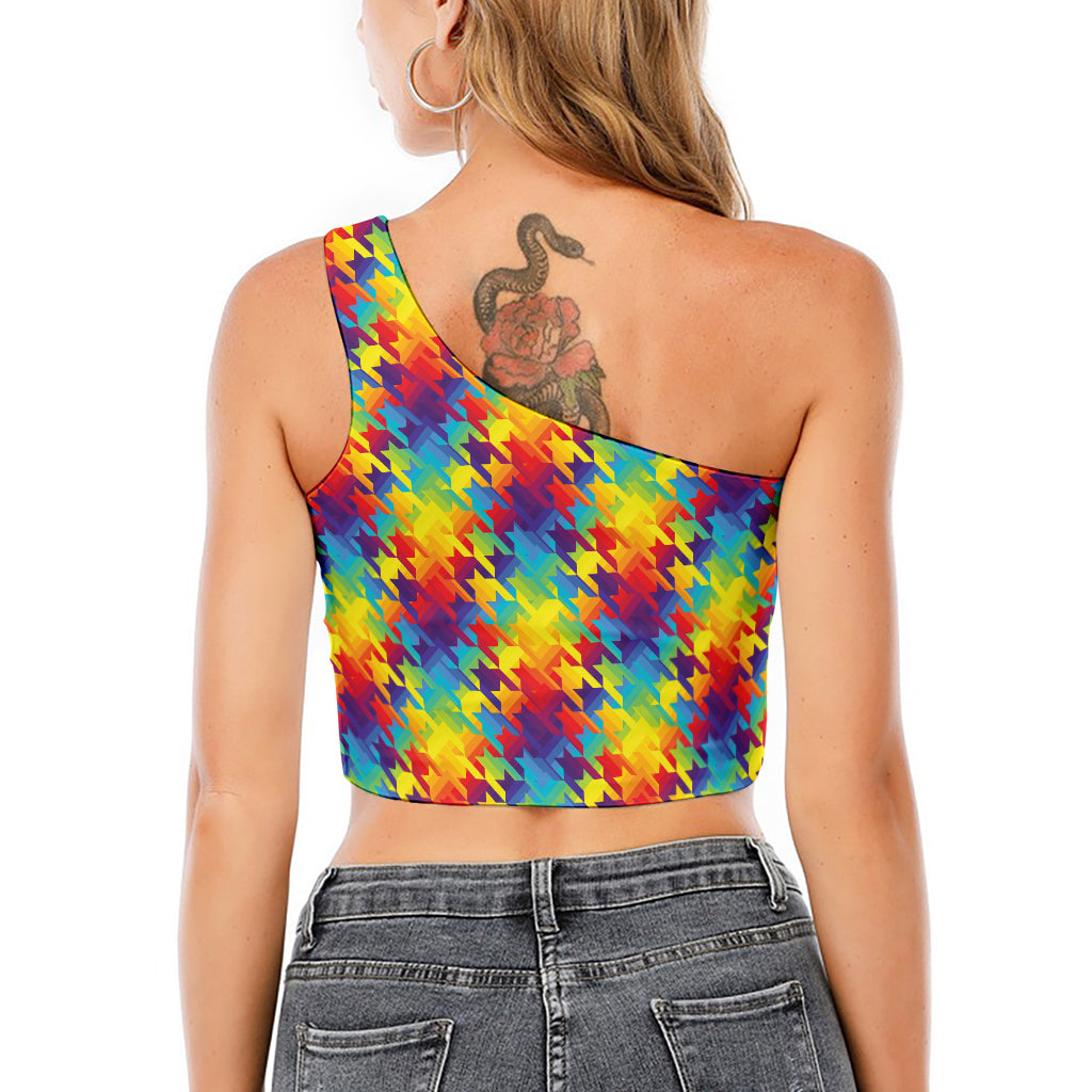 Rainbow Houndstooth Pattern Print One Shoulder Crop Top