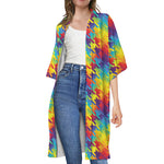 Rainbow Houndstooth Pattern Print Open Front Beach Cover Up