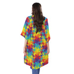 Rainbow Houndstooth Pattern Print Open Front Beach Cover Up