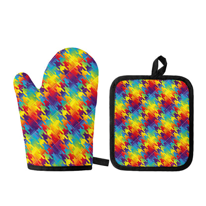 Rainbow Houndstooth Pattern Print Oven Mitt And Pot Holder Set