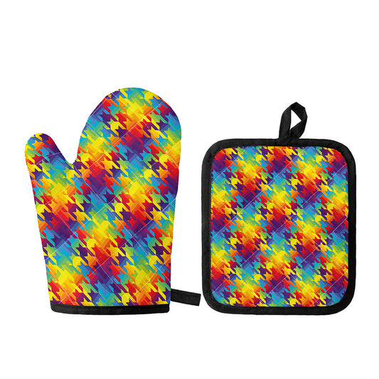 Rainbow Houndstooth Pattern Print Oven Mitt And Pot Holder Set