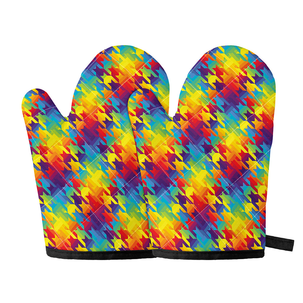 Rainbow Houndstooth Pattern Print Oven Mitts