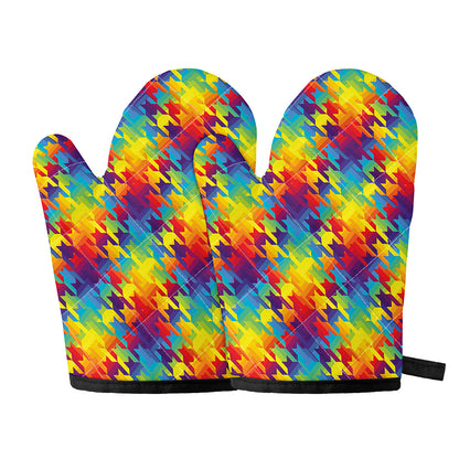 Rainbow Houndstooth Pattern Print Oven Mitts