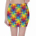 Rainbow Houndstooth Pattern Print Pencil Mini Skirt