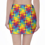 Rainbow Houndstooth Pattern Print Pencil Mini Skirt