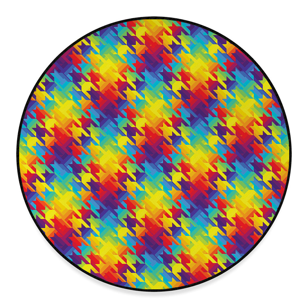 Rainbow Houndstooth Pattern Print Round Floor Mat