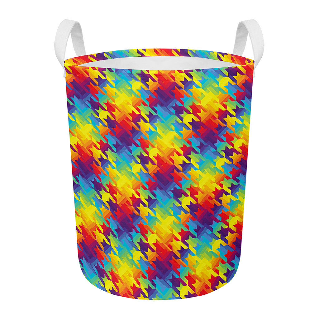 Rainbow Houndstooth Pattern Print Round Laundry Basket