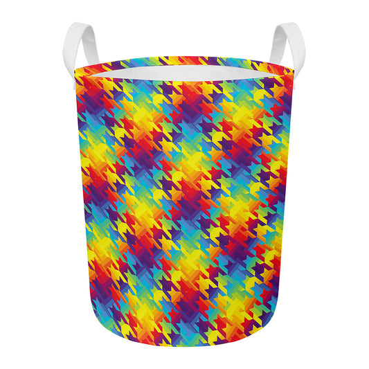 Rainbow Houndstooth Pattern Print Round Laundry Basket