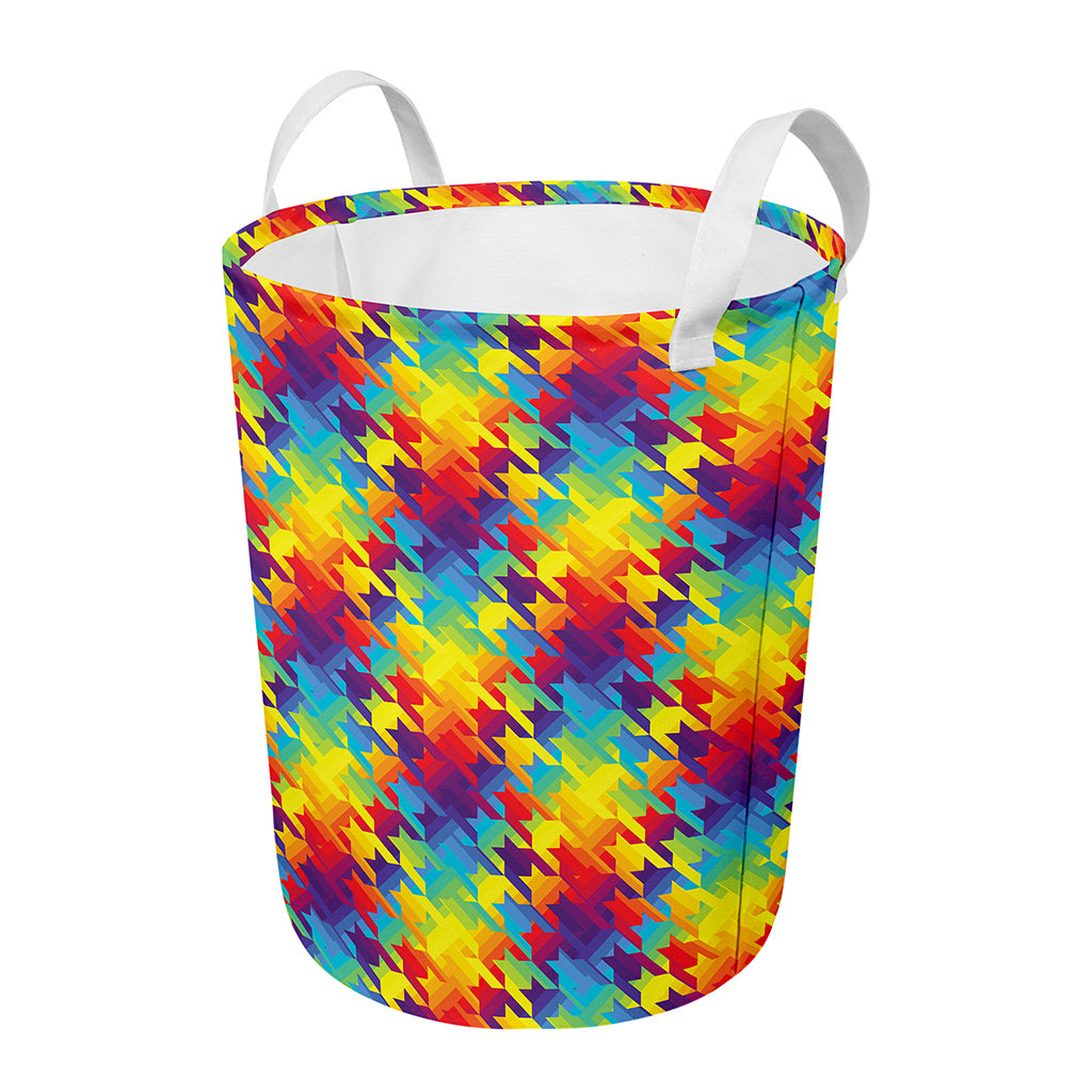 Rainbow Houndstooth Pattern Print Round Laundry Basket