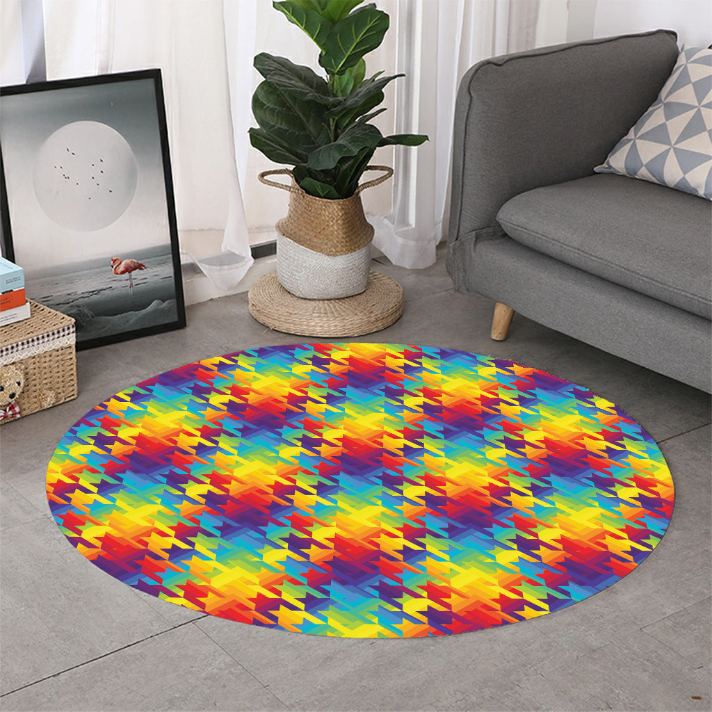 Rainbow Houndstooth Pattern Print Round Rug