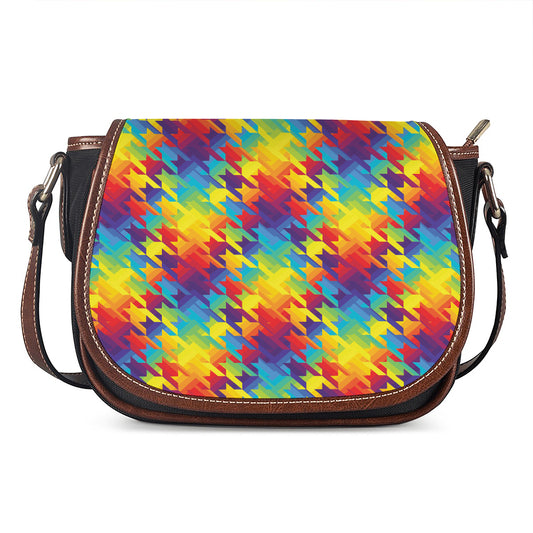 Rainbow Houndstooth Pattern Print Saddle Bag