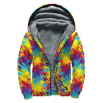 Rainbow Houndstooth Pattern Print Sherpa Lined Zip Up Hoodie