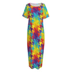 Rainbow Houndstooth Pattern Print Short Sleeve Long Nightdress