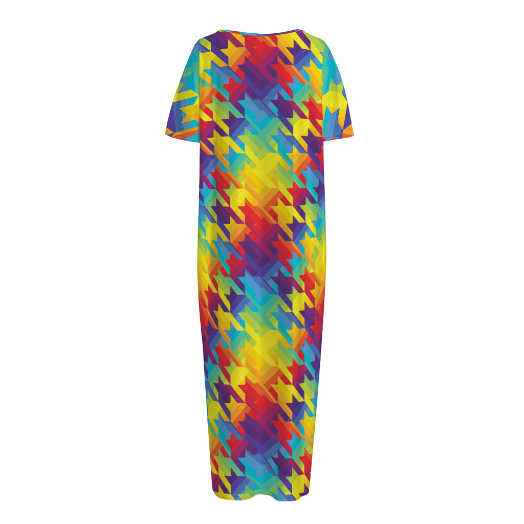 Rainbow Houndstooth Pattern Print Short Sleeve Long Nightdress