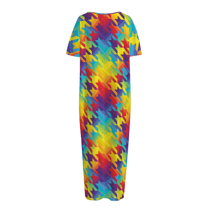 Rainbow Houndstooth Pattern Print Short Sleeve Long Nightdress