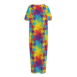 Rainbow Houndstooth Pattern Print Short Sleeve Long Nightdress