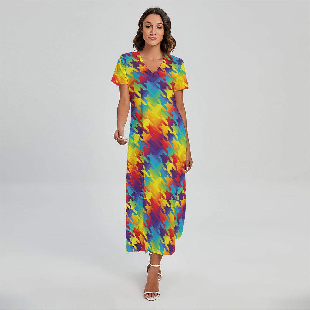 Rainbow Houndstooth Pattern Print Short Sleeve Maxi Dress