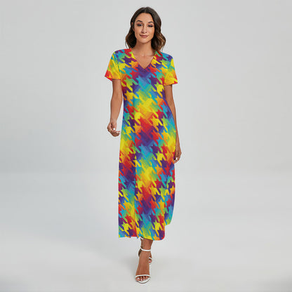 Rainbow Houndstooth Pattern Print Short Sleeve Maxi Dress