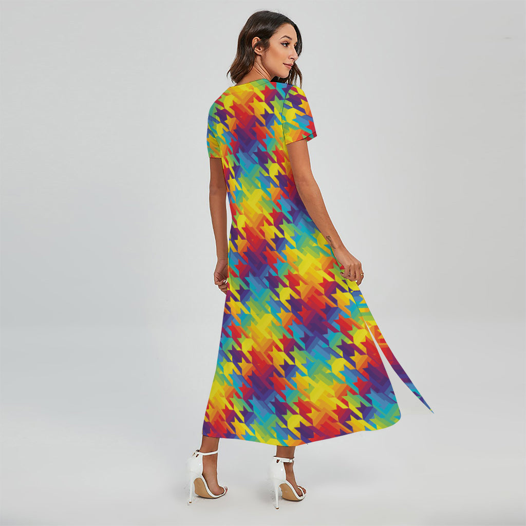Rainbow Houndstooth Pattern Print Short Sleeve Maxi Dress