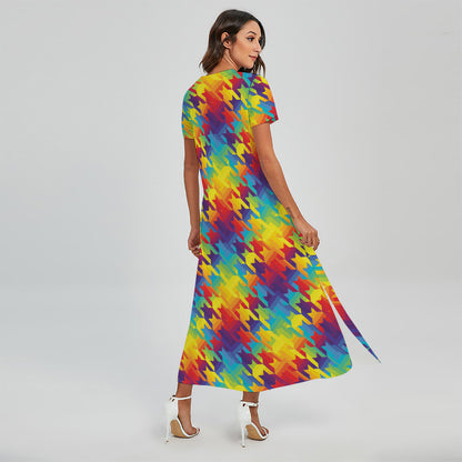 Rainbow Houndstooth Pattern Print Short Sleeve Maxi Dress