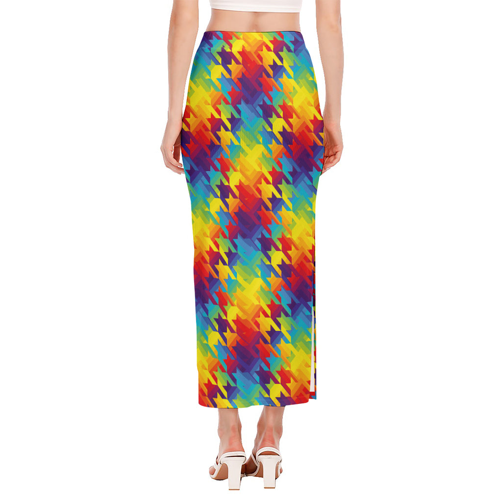 Rainbow Houndstooth Pattern Print Side Slit Maxi Skirt