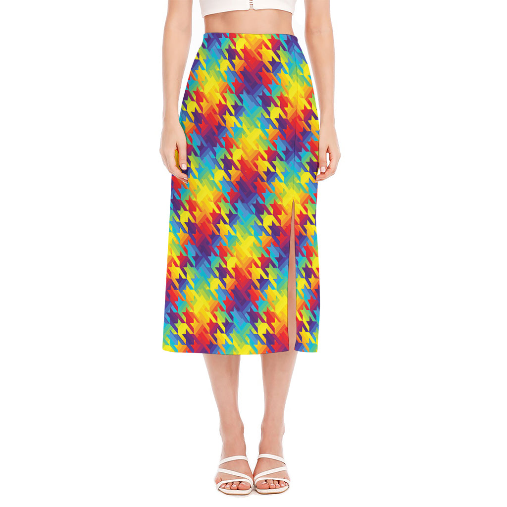 Rainbow Houndstooth Pattern Print Side Slit Midi Skirt