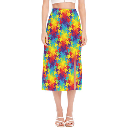 Rainbow Houndstooth Pattern Print Side Slit Midi Skirt