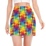 Rainbow Houndstooth Pattern Print Side Slit Mini Skirt