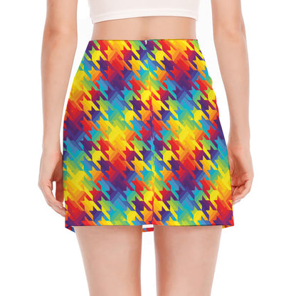 Rainbow Houndstooth Pattern Print Side Slit Mini Skirt