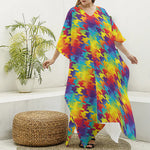 Rainbow Houndstooth Pattern Print Silk V-Neck Kaftan Dress