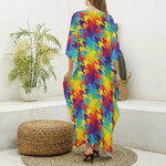 Rainbow Houndstooth Pattern Print Silk V-Neck Kaftan Dress