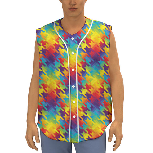 Rainbow Houndstooth Pattern Print Sleeveless Baseball Jersey