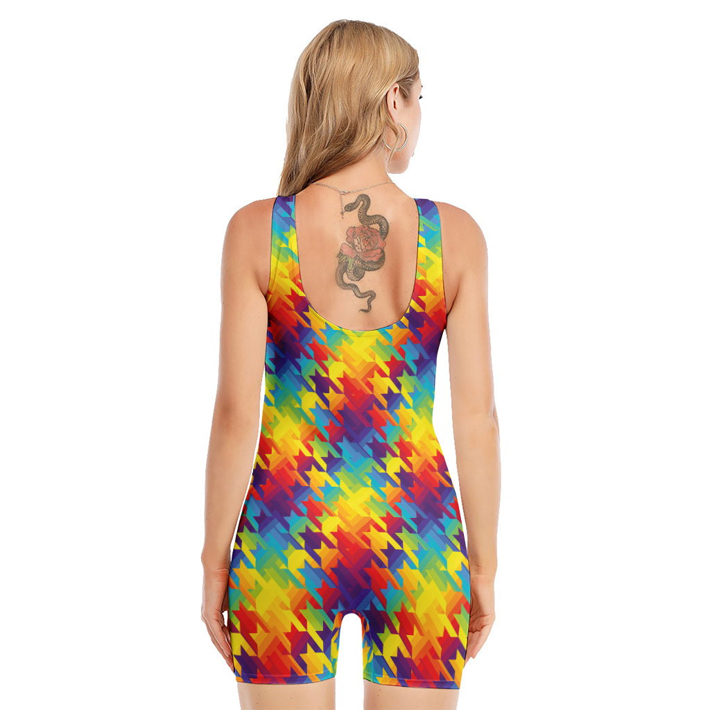 Rainbow Houndstooth Pattern Print Sleeveless One Piece Swimsuit